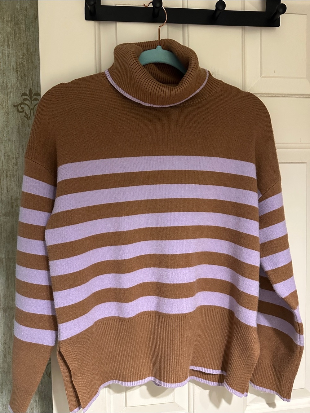 Unique colored tneck sweater with chestnut brown and lilac stripes